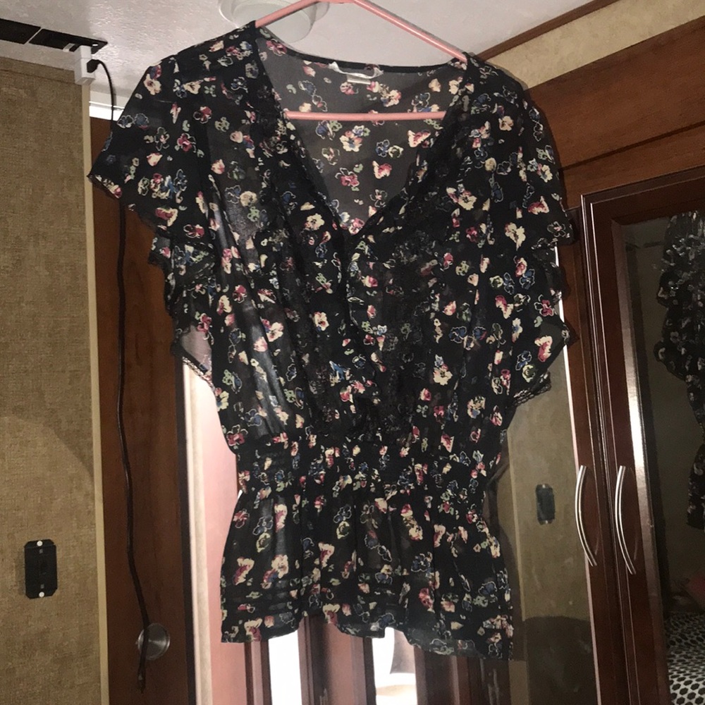 Black with pink floral print Blouse